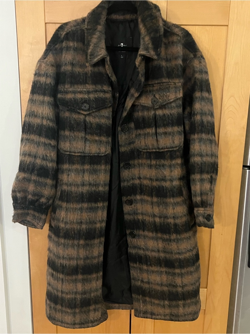 7 For All Mankind Brushed Plaid Coat in Brown & Black Size Large